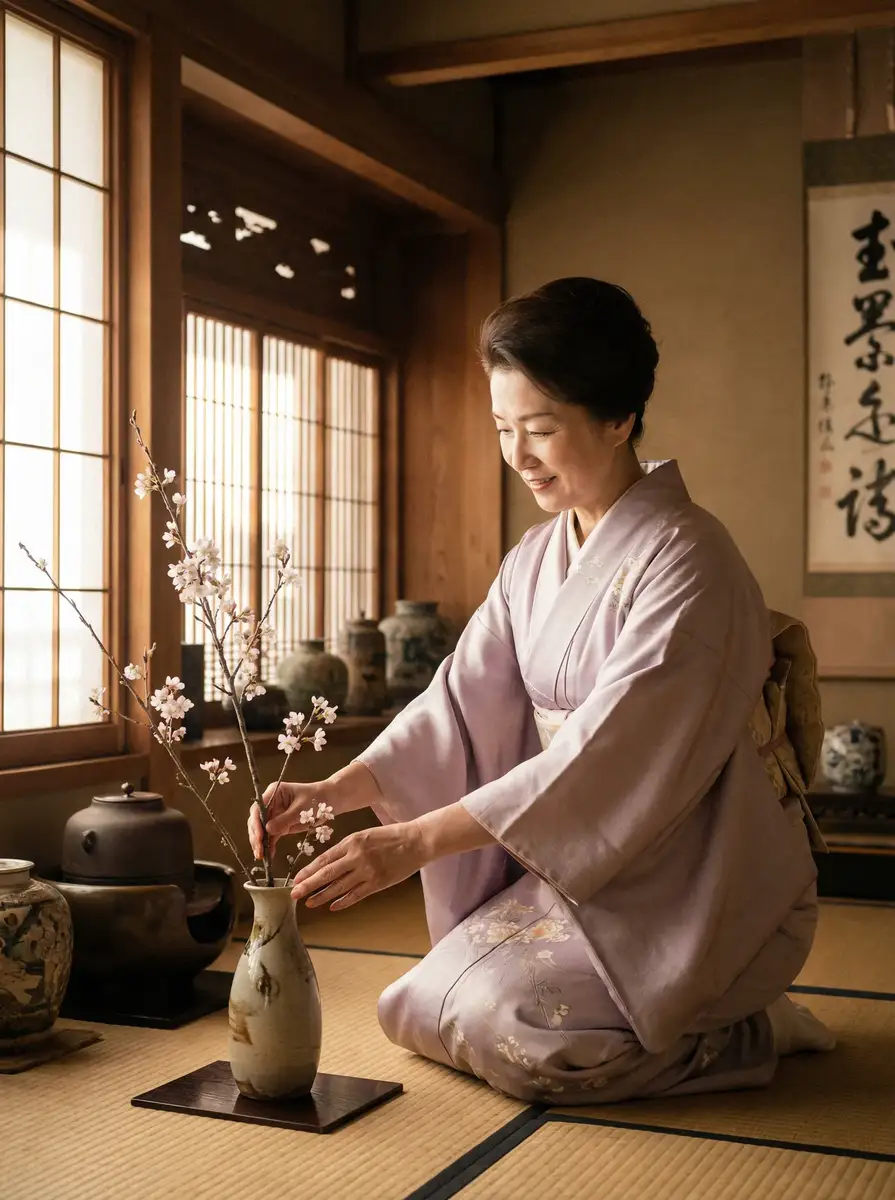 一位优雅的 五一吃瓜 在和室中插花